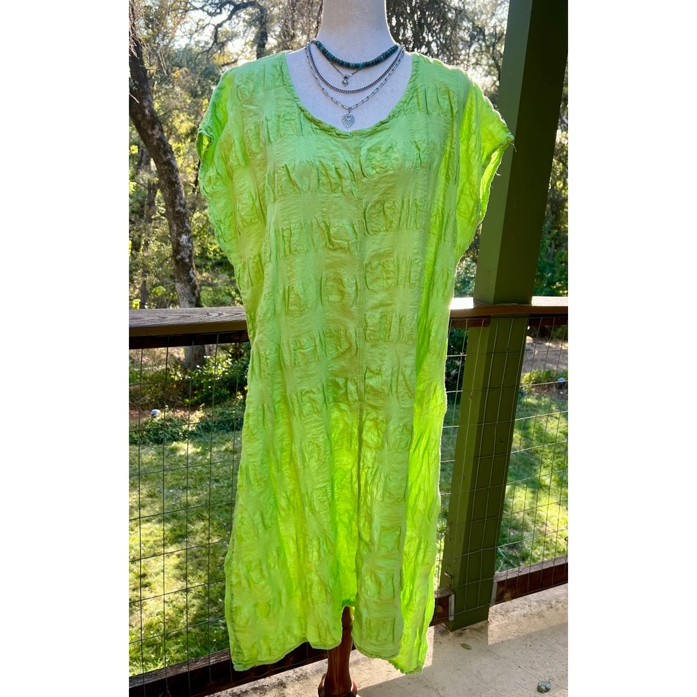 Flax Lime Green Linen Blend Textured Midi Dress Lithuania Loose Lagenlook